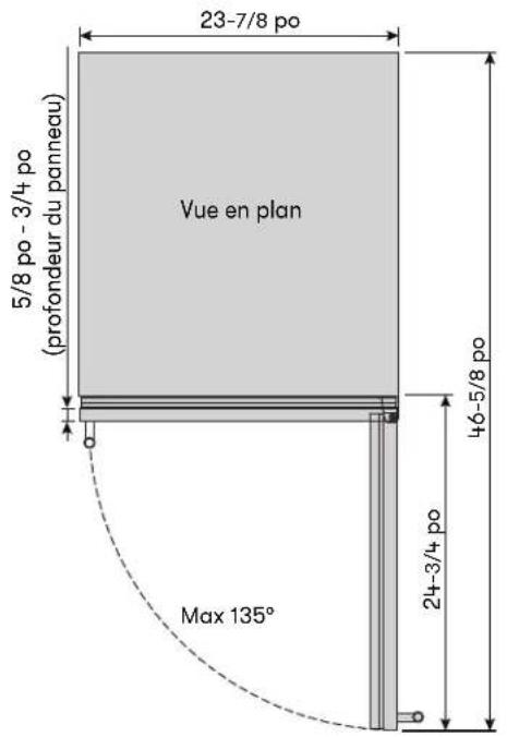 23-7/8 po 5/8 po - 3/4 po (profondeur du panneau) Vue en plan 46-5/8 po Max 135° 24-3/4 po
