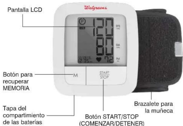 Pantalla LCD 120 80 72 BOTÓN PARA recuperar MEMORIA M START STOP Tapa del compartimiento de las baterías Botón START/STOP (COMENZAR/DETENER) Brazalete para la muñeca Wolgewas
