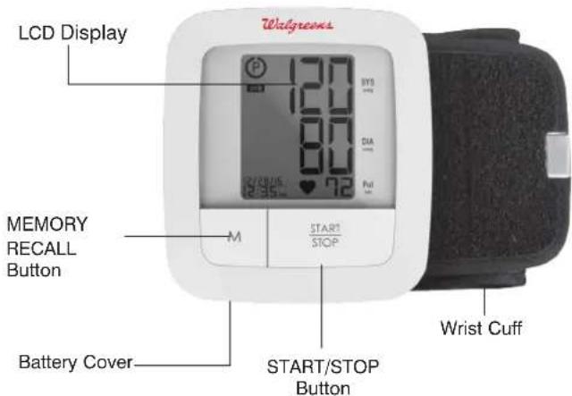 LCD Display Wolgreens M 120 120 80 72 START/STOP BYS DIA Pull 2:35 MEMORY RECALL Button Battery Cover START/STOP Button Wrist Cuff