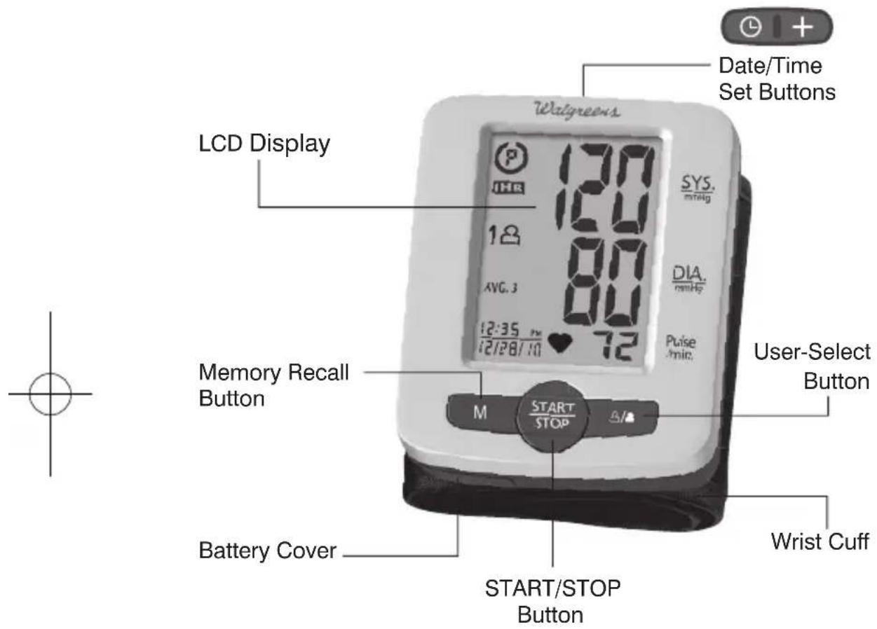 Date/Time Set Buttons LCD Display Wolgreens 12:35 PM 12/28/10 72 SYS. mmHg AVG. 3 80 160 120 M START STOP User-Select Button Battery Cover START/STOP Button Wrist Cuff
