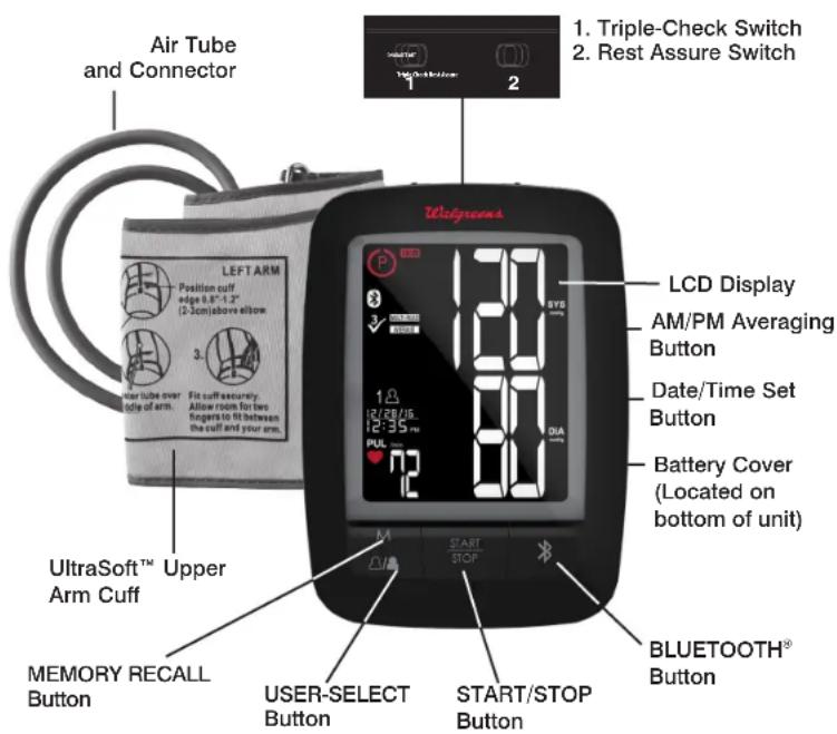 Air Tube and Connector LEFT ARM Position cuff, edge 0.8"-1.2" (2-3cm)above elbow 3. Lower tube over handle of arm. Fit cuff securely. Allow room for two fingers to fit between the cuff and your arm. UltraSoft™ Upper Arm Cuff MEMORY RECALL Button USER-SELECT Button START/STOP Button LCD Display AM/PM Averaging Button Date/Time Set Button Battery Cover (Located on bottom of unit) BLUETOOTH® Button