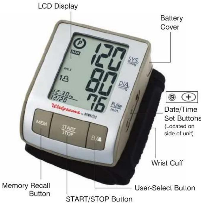 LCD Display 120 80 60 76 P SYS min DIA min Battery Cover 12:30, 76 12/20 Wristinger MEM START STOP B/A Date/Time Set Buttons (Located on side of unit) Wrist Cuff Memory Recall Button START/STOP Button User-Select Button