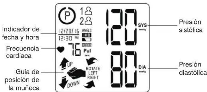 Indicador de fecha y hora Frecuencia cardíaca Guía de posición de la muñeca 12/28/16 AVG.3 12:30 PM INB 76 Pul UP ROTATE LEFT RIGHT DOWN 120 SYS DIA Presión sistólica 80 Presión diastólica