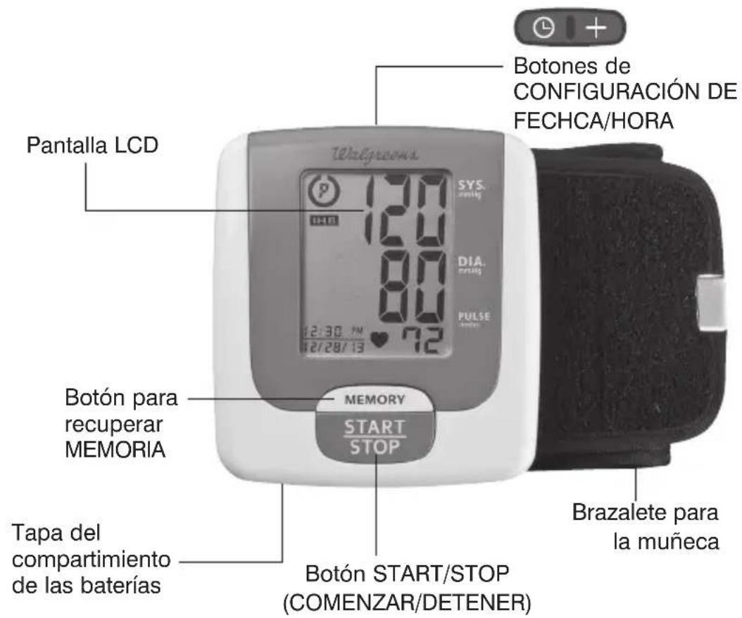 Botones de CONFIGURACIÓN DE FECHCA/HORA Pantalla LCD TAPA del compartimiento de las baterías Botón para recuperar MEMORIA MEMORY START/STOP Botón START/STOP (COMENZAR/DETENER Brazalete para la muñeca