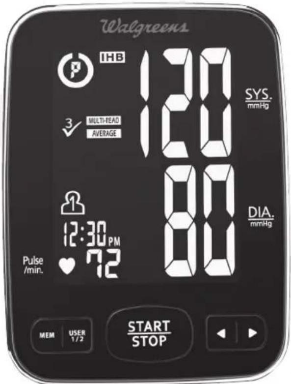 Walgreens IHB 12:30 SYS. mmHg MULTI-READ AVERAGE 12:30 Pulse /min. 72 80 DIA. mmHg 12:30 PM MEM USER 1/2 START STOP