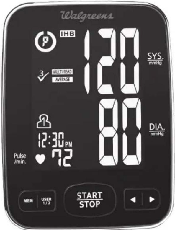 Walgreens IHB 12:00 SYS. mmHg 3 MULTI-READ AVERAGE 12:30 PM 80 DIA. mmHg Pulse /min. 72 MEM USER 1/2 START STOP