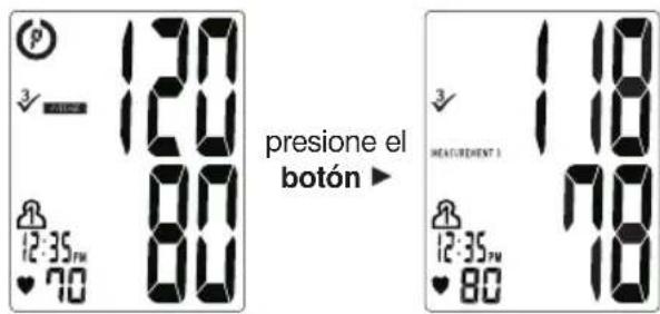 p 120 3 120 80 12:35" ♥70 presione el botón ▶ 118 3 HEATUREMENT 1 12:35" ♥80 70 10