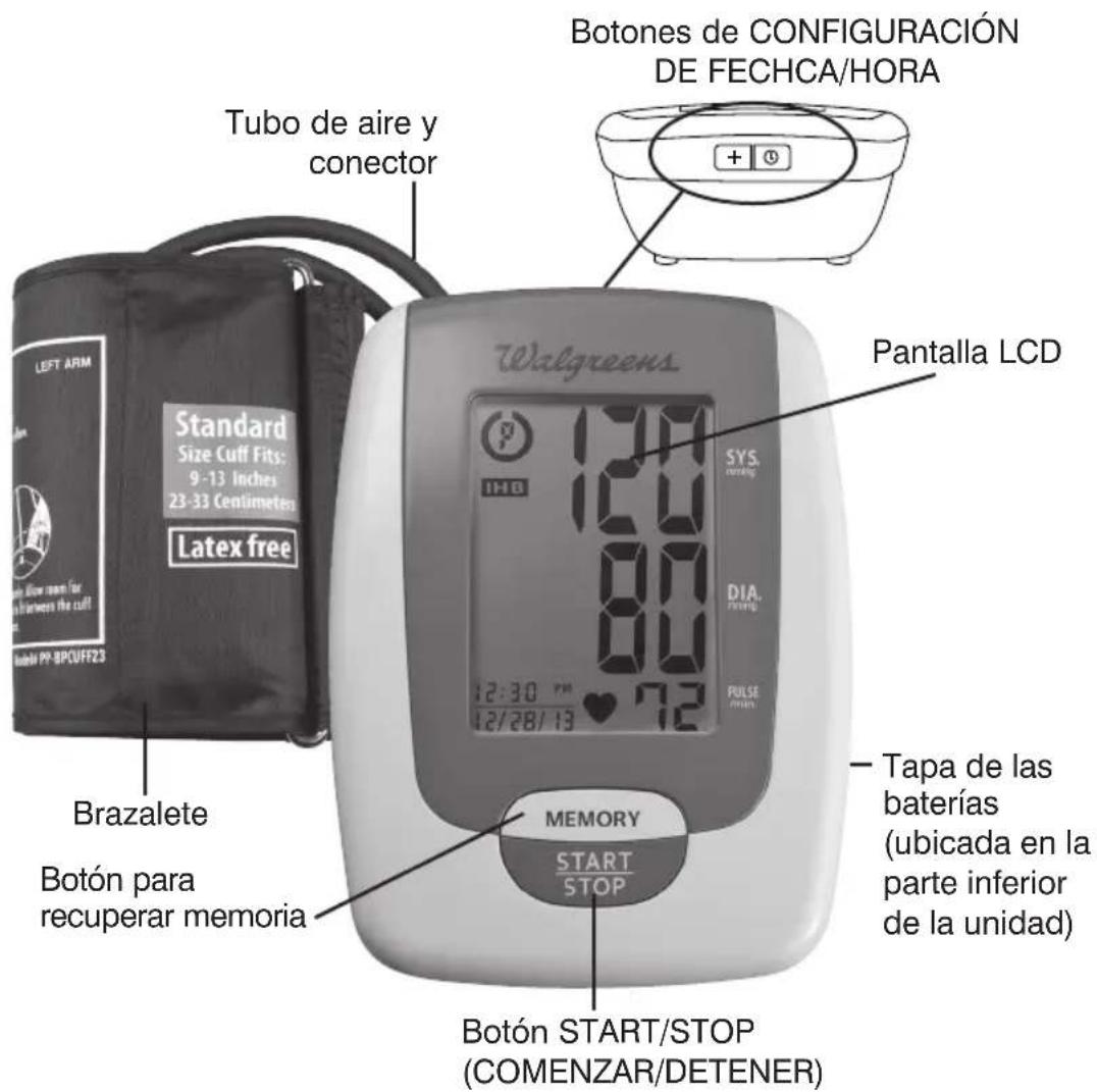Botones de CONFIGURACIÓN DE FECHCA/HORA Tubo de aire y conector Pantalla LCD Standard Size Cuff Fits: 9-13 Inches 23-33 Centimeters Latex free Brazalete Botón para recuperar memoria MEMORY START STOP Botón START/STOP (COMENZAR/DETENER) Tapa de las baterías (ubicada en la parte inferior de la unidad)