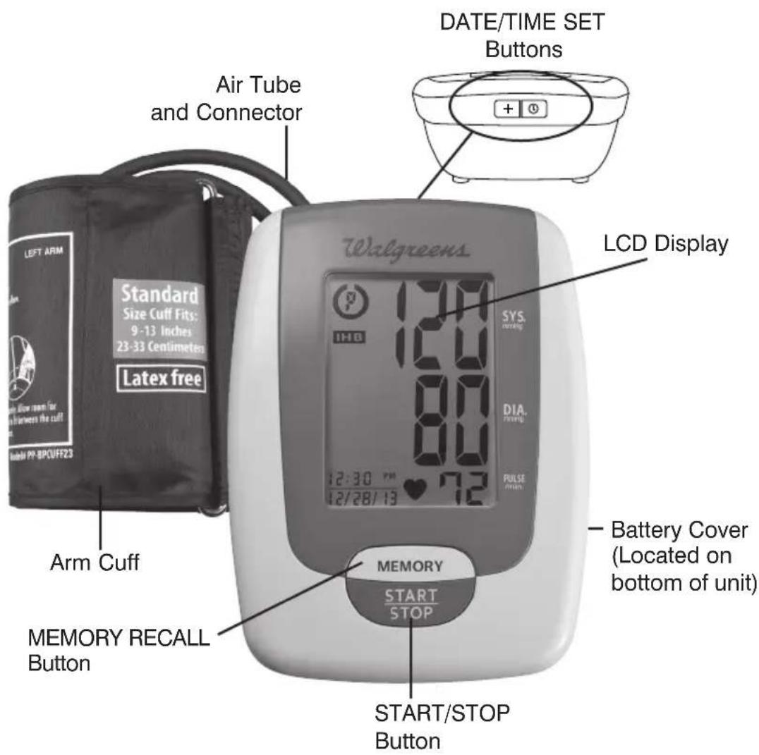DATE/TIME SET Buttons Air Tube and Connector LCD Display Standard Size Cuff Fits: 9-13 Inches 23-33 Centimeters Latex free Arm Cuff MEMORY RECALL Button MEMORY START/STOP Button START/STOP Button Battery Cover (Located on bottom of unit)