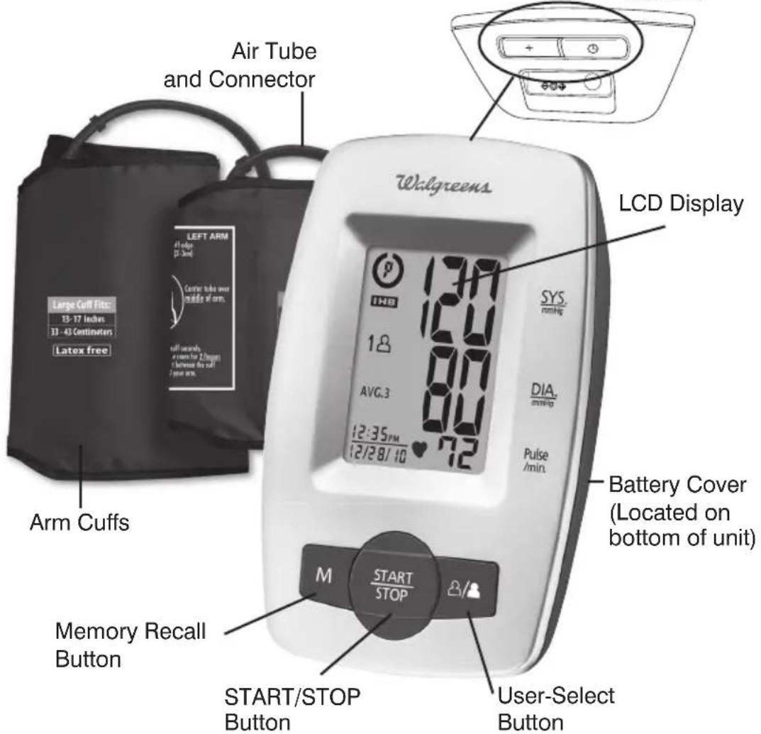 Air Tube and Connector LCD Display Walgreens LEFT ARM 13-17 inches 33 - 45 Continuators Lateral free 18 AVG.3 12:35PM 12/28/10 130 160 80 72 SYS magg DIA magg Pulse min Battery Cover (Located on bottom of unit) M START STOP START/STOP Button User-Select Button Button