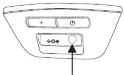 Diagram of a device control panel with indicator lights and a circular button, labeled with an arrow pointing to the bottom-right corner.