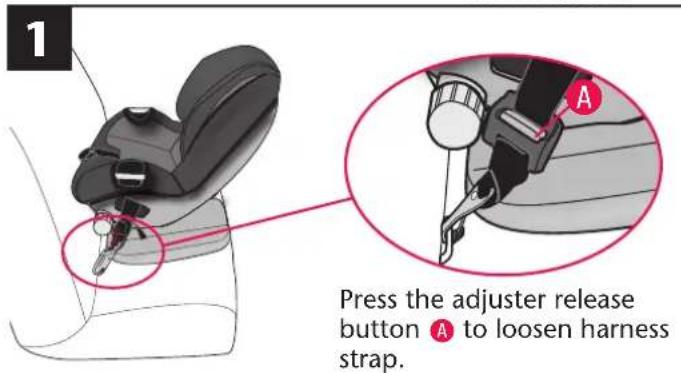 1 Press the adjuster release button Ⓐ to loosen harness strap.