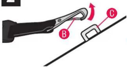 Diagram showing a car seatbelt buckle with labeled parts B and C, indicating adjustment or repair.