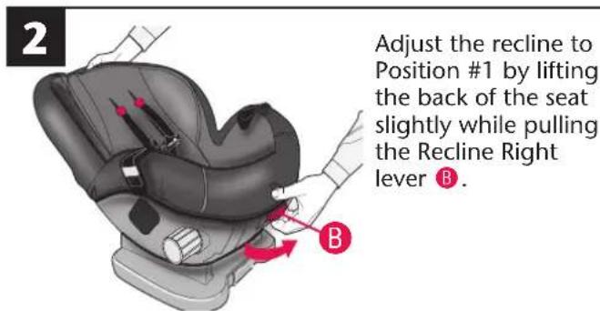 2 Adjust the recline to Position #1 by lifting the back of the seat slightly while pulling the Recline Right lever B.