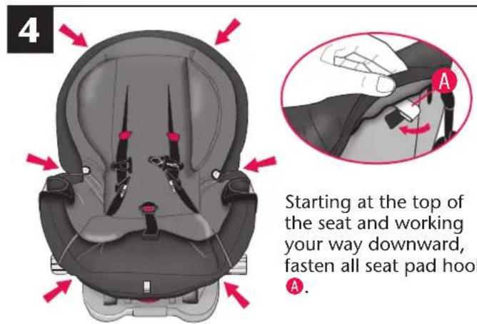 4 Starting at the top of the seat and working your way downward, fasten all seat pad hook A.