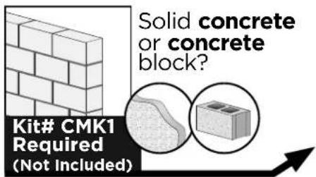 Solid concrete or concrete block? Kit# CMK1 Required (Not Included)