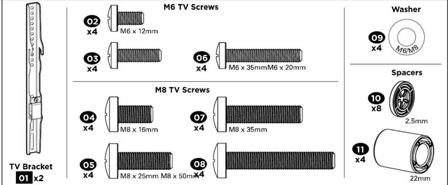 M6 TV Screws 02 x4 M6 x 12mm 03 x4 06 x4 M6 x 35mmM6 x 20mm M8 TV Screws 04 x4 M8 x 16mm 07 x4 M8 x 35mm 05 x4 M8 x 25mm M8 x 50mm 08 x4 TV Bracket 01 x2 Washer 09 x4 M6/M8 Spacers 10 x8 2.5mm 11 x4 22mm