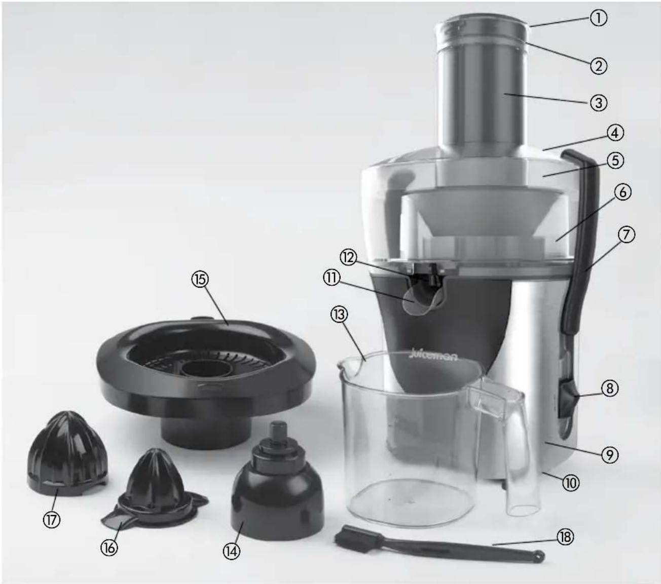 Labeled diagram of a Japanese food blender with numbered parts for identification