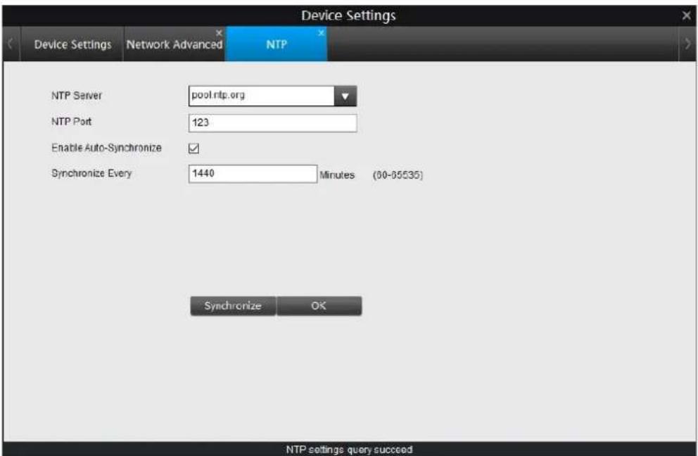 Device Settings Device Settings Network Advanced NTP NTP Server pool.rnp.org NTP Port 123 Enable Auto-Synchronize ✓ Synchronize Every 1440 Minutes (90-95535) Synchronize OK NTP settings query succeed