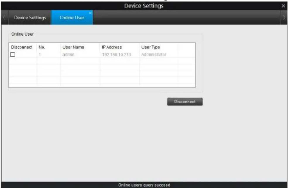 Device Settings Device Settings Online User Online User Disconnect No. 1 User Name admin IP Address 192.158.10.213 User Type Administrator Disconnect