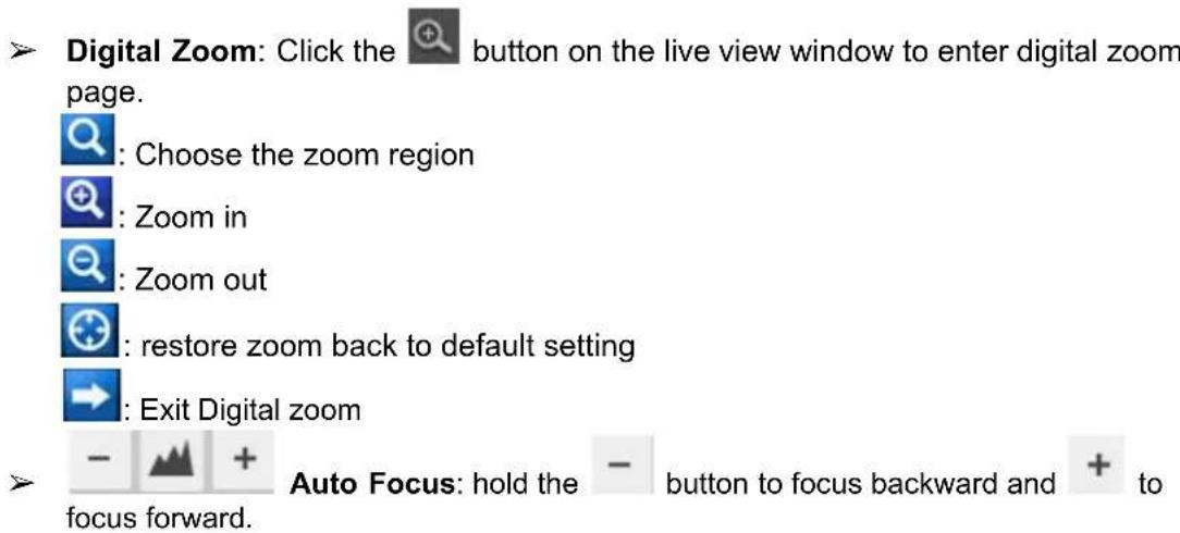 Digital Zoom: Click the button on the live view window to enter digital zoom page. Choose the zoom region Zoom in Zoom out restore zoom back to default setting Exit Digital zoom Auto Focus: hold the button to focus backward and to focus forward.