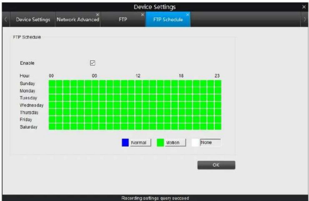 Device Settings Device Settings Network Advanced FTP FTP Schedule FTP Schedule Enable Hour 00 05 12 18 23 Sunday Monday Tuesday Wednesday Thursday Friday Saturday Normal Motion None OK Recording settings query succeed