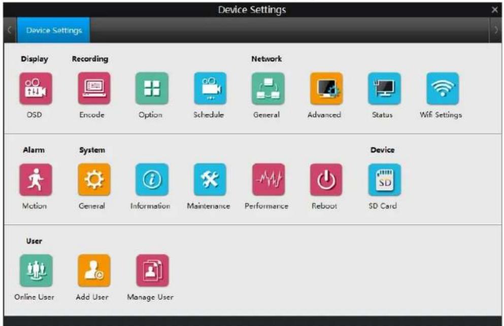 Device Settings Display Recording Network OSD Encode Option Schedule General Advanced Status Wifi Settings Alarm System Device Motion General Information Maintenance Performance Reboot SD Card User Online User Add User.Manage User