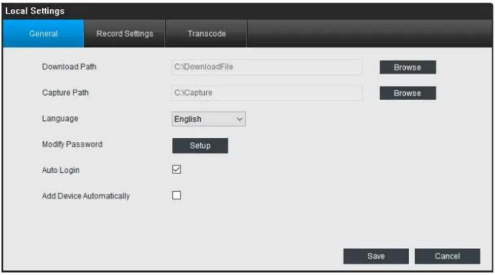 Local Settings General Record Settings Transcode Download Path C:\DownloadFile Browse Capture Path C:\Capture Browse Language English Modify Password Setup Auto Login ✓ Add Device Automatically □ Save Cancel
