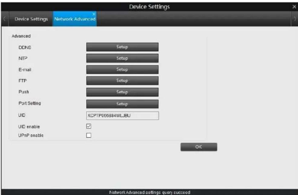 Device Settings Device Settings Network Advanced Advanced DDNS Setup NTP Setup E-mail Setup FTP Setup Push Setup Port Setting Setup UID XCPTP066884WLJBU UID enable ✓ UPnP enable □ OK Network Advanced settings query succeed
