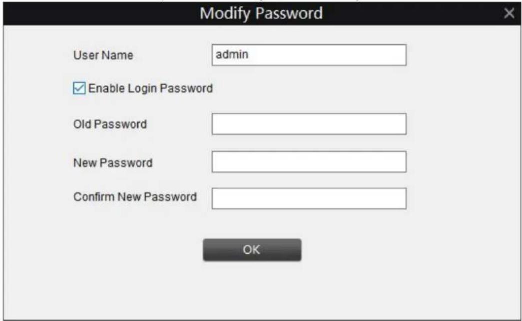 Modify Password User Name admin Enable Login Password Old Password New Password Confirm New Password OK
