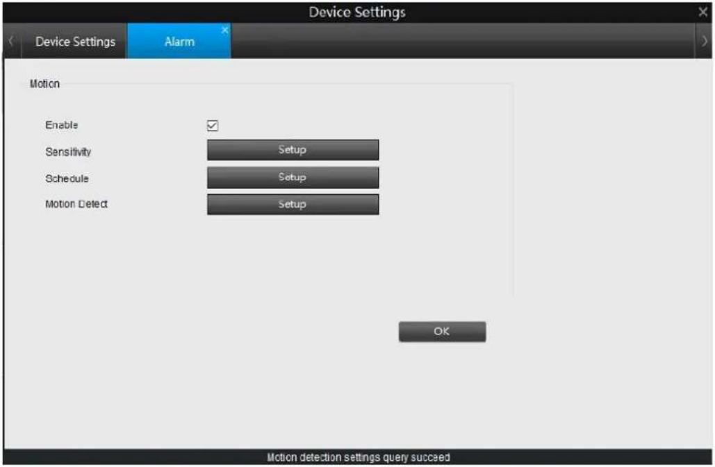 Device Settings Device Settings Alarm Motion Enable Sensitivity Setup Schedule Setup Motion Detect Setup OK Motion detection settings query succeed