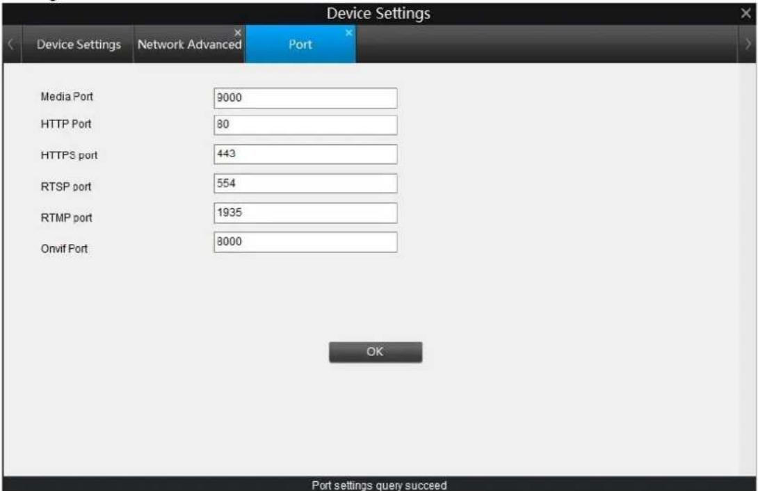 Device Settings Device Settings Network Advanced Port Media Port 9000 HTTP Port 80 HTTPS port 443 RTSP port 554 RTMP port 1935 Onvif Port 8000 OK Port settings query succeed