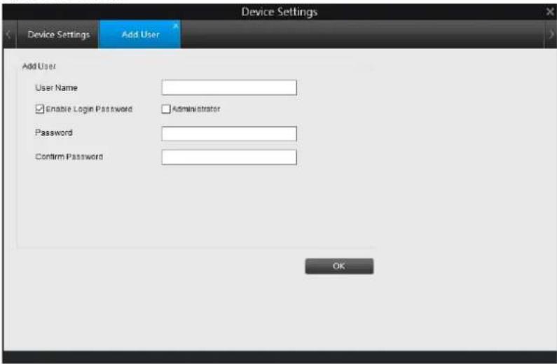 Device Settings Add User Add User User Name Enable Login Password Administrator Password Confirm Password OK