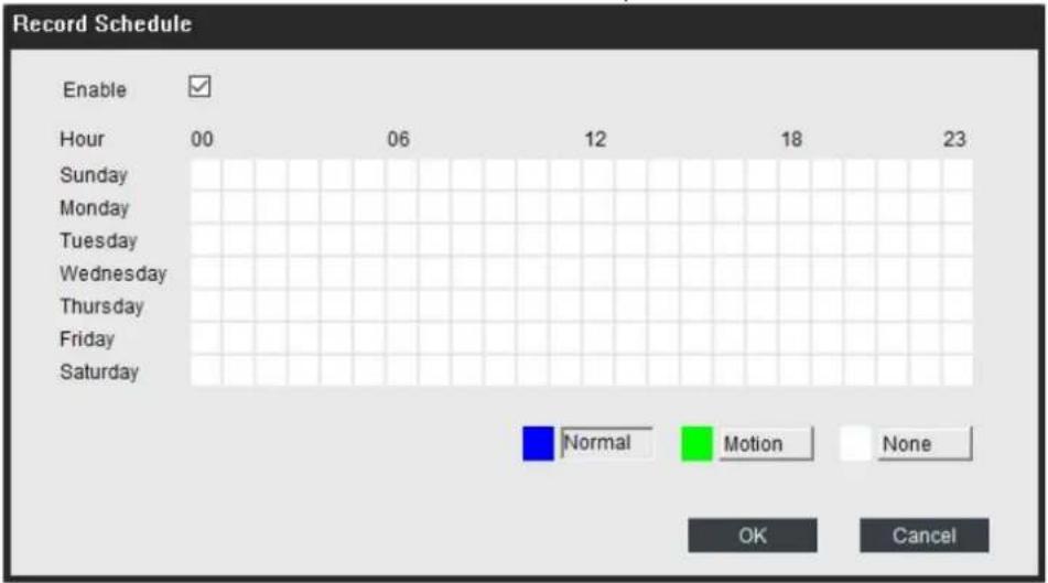 Record Schedule Enable Hour 00 06 12 18 23 Sunday Monday Tuesday Wednesday Thursday Friday Saturday Normal Motion None OK Cancel