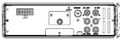Technical diagram of an electronic device rear panel with labeled ports and buttons