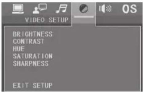VIDEO SETUP BRIGHTNESS CONTRAST HUE SATURATION SHARPNESS EXIT SETUP