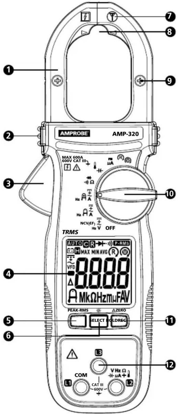 1 2 AMPROBE AMP-320 MAX 600A 600V CAT III TRMS MAX MIN AVG R M VFD 0.000 0.000 MkΩHzmμFAV PEAK-RMS ZERO SELECT HOLDREC COM V Hz Ω +μA+ CAT III -600V 7 8 9 10 11 12