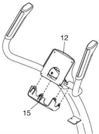 Technical diagram of a mechanical device with labeled parts 12 and 15, showing internal components and wiring connections.