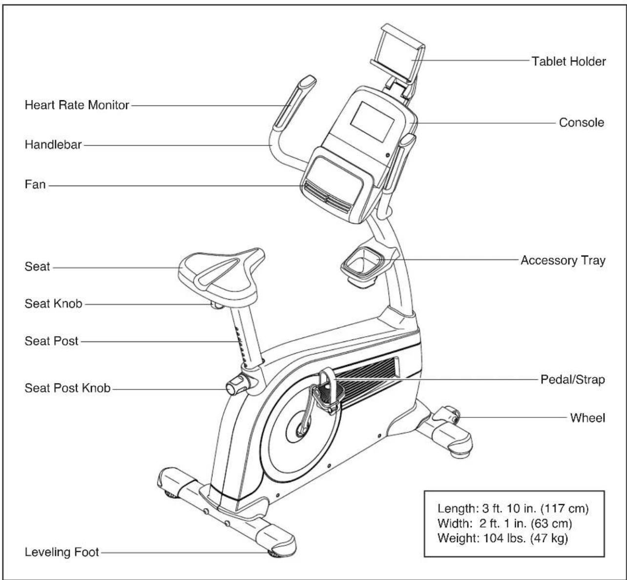 Tablet Holder Console Heart Rate Monitor Handlebar Fan Seat Seat Knob Seat Post Seat Post Knob Leveling Foot Accessory Tray Pedal/Strap Wheel Length: 3 ft. 10 in. (117 cm) Width: 2 ft. 1 in. (63 cm) Weight: 104 lbs. (47 kg)