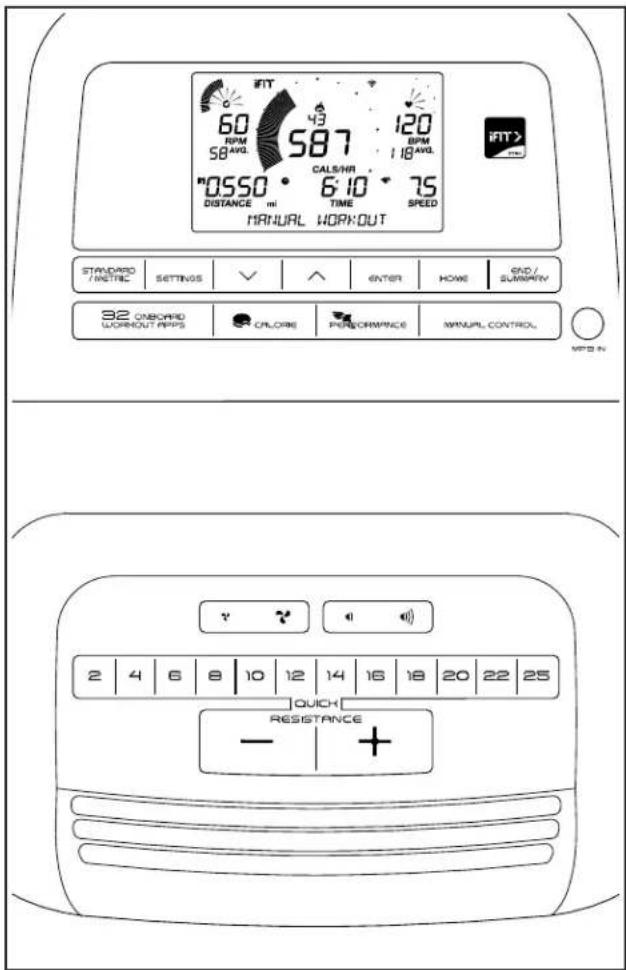IFIT 60 RPM 587 120 BPM 18 AWL S8 AWL CALSI/HR 6:10 75 *0550° 6:10 75 DISTANCE mi TIME SPEED MANUAL WORKOUT STANDARD SETTINGS ENTER HOME END/SUMMARY 82 ONBOARD WORKOUT APPS COLOR PERFORMANCE MANUAL CONTROL MPS IN 2 4 6 8 10 12 14 16 18 20 22 25 QUICK RESISTANCE - +