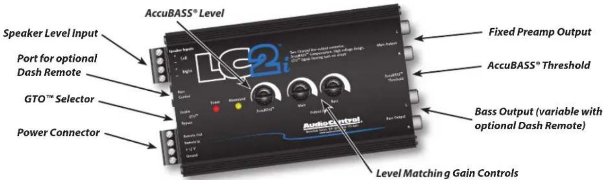 AccuBASS® Level Speaker Level Input Port for optional Dash Remote GTO™ Selector Power Connector Fixed Preamp Output AccuBASS® Threshold AudioControl Bass Output (variable with optional Dash Remote) Level Matching Gain Controls