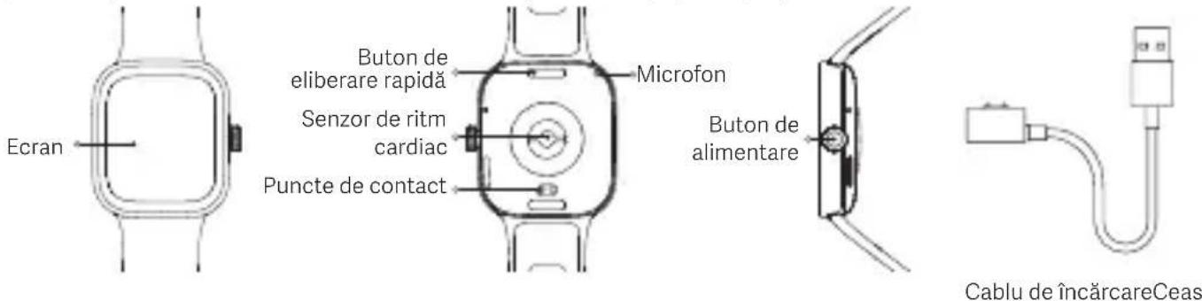 Ecran Buton de eliberare rapidă Senzor de ritm cardiac Puncte de contact Microfon Buton de alimentare Cablu de încărcareCeas