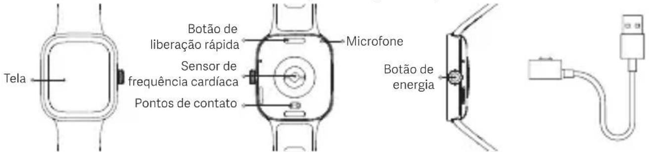 Tela Botão de liberação rápida Sensor de frequência cardíaca Pontos de contato Microfone Botão de energia