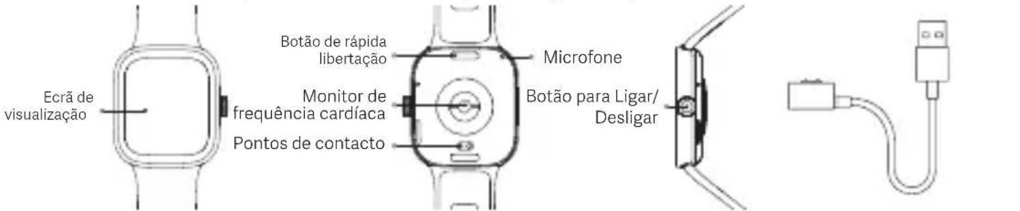 Ecrã de visualização Botão de rápida libertação Monitor de frequência cardíaca Pontos de contacto Microfone Botão para Ligar/ Desligar