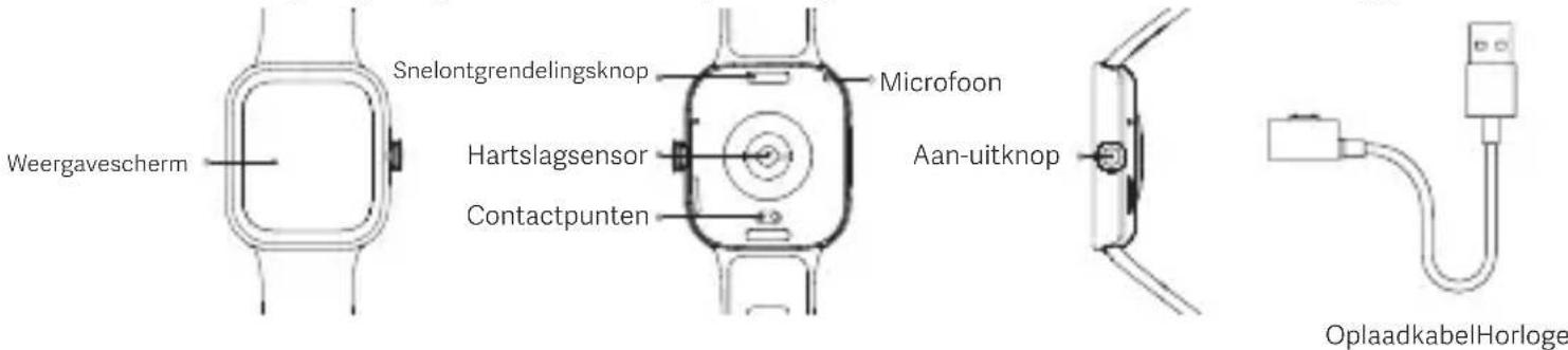 Weergavescherm Snelontgrendelingsknop Microfoon Hartslagsensor Contactpunten Aan-uitknop OplaadkabelHorloge