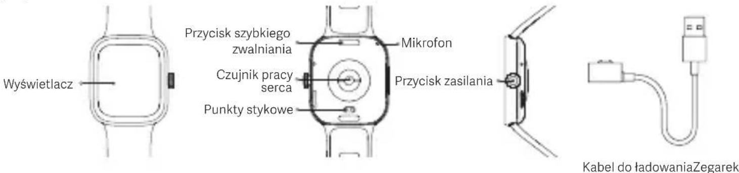 Wyświetlacz Przycisk szybkiego zwalniania Czujnik pracy serca Punkty stykowe Mikrofon Przycisk zasilania Kabel do ładowania Zegarek