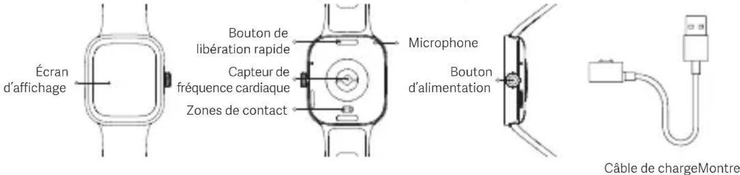 Écran d'affichage Bouton de libération rapide Capteur de fréquence cardiaque Zones de contact Microphone Bouton d'alimentation Câble de chargeMontre
