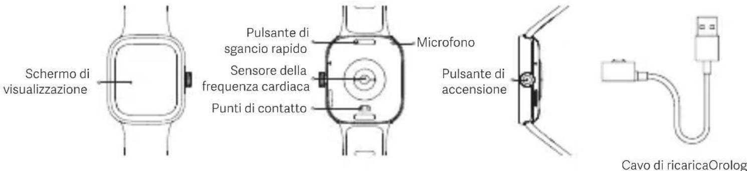 Schermo di visualizzazione Pulsante di sgancio rapido Sensore della frequenza cardiaca Punti di contatto Microfono Pulsante di accensione Cavo di ricaricaOrolog