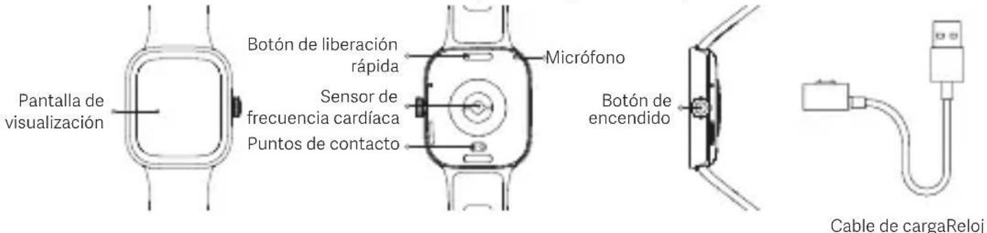 Pantalla de visualización Botón de liberación rápida Sensor de frecuencia cardíaca Puntos de contacto Micrófono Botón de encendido Cable de cargaReloj