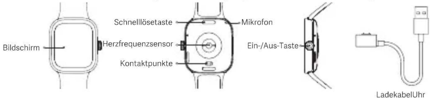 Bildschirm Schnelllösetaste Mikrofon Herzfrequenzsensor Ein-/Aus-Taste Kontaktpunkte LadekabelUhr